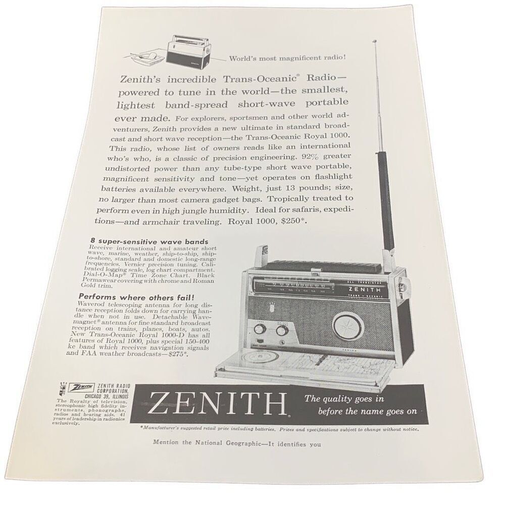 Vintage 1959 Zenith World’s Most Magnificent Radio Ad Advertisement